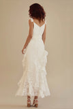 White V-Neck A-Line Lace Long Little White Dress with Ruffles
